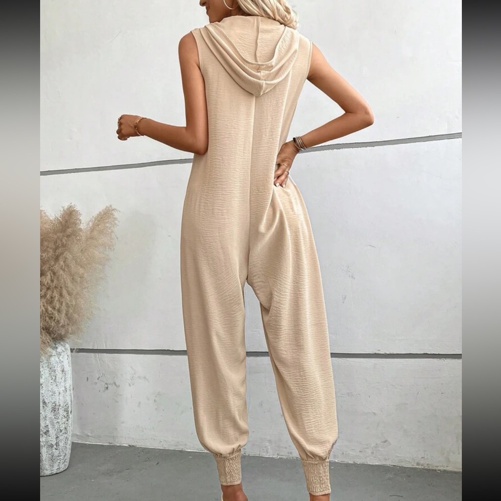 Boho Hoodie Hooded Smocked Button Jumpsuit Black - Picture 5 of 6